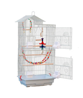 MengK 39" Bird Parrot Cage Canary Parakeet Cockatiel Lovebird Finch Bird Cage with Wood Perches & Food Cups 3 Bird Toys White