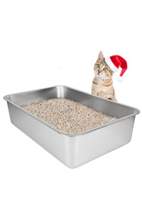 Ikitchen Stainless Steel Cat Litter Box, Large Metal Litter Pan For Cats Rabbits, Never Absorbs Odors,Stain Free, Rustproof, Non Stick Smooth Surface, Anti-Slip Rubber Bottom, 195L X 135W X 6H