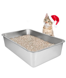 Ikitchen Stainless Steel Cat Litter Box, Large Metal Litter Pan For Cats Rabbits, Never Absorbs Odors,Stain Free, Rustproof, Non Stick Smooth Surface, Anti-Slip Rubber Bottom, 195L X 135W X 6H