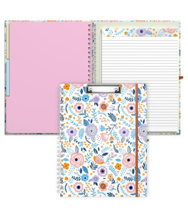 Rimilak Spiral Clipboard Folio With Refillable Lined Notepad, 145 X 98Inch, Hardcover Clipboard With 5 Interior Pockets, Elastic Band And Pen Loop Series Cute Stylish Clipfolio, Purple Flower