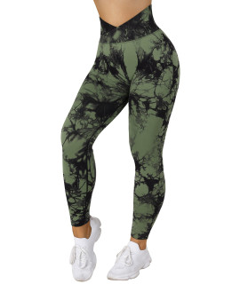 Rxrxcoco Women Seamless Crossover Leggings High Waisted Butt Lifting Workout Yoga Pants Small Tie Dye Green
