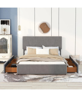 Meritline Queen Size Platform Bed With Four Drawers On Two Sides, Modern Velvet Storage Bed With Upholstered Headboard, Wooden Storage Bed Frame, No Box Spring Needed (Grey)