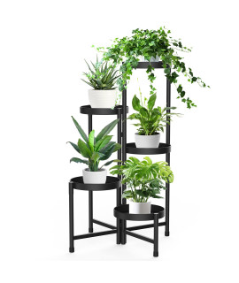 Idavosicly 5 Tier Metal Plant Stand For Indoor Outdoor, Foldable Corner Tall Plant Shelf For Multiple Plants, Rustproof Flower Pot Holder Display Stand For Living Room Balcony Garden Patio (Black)