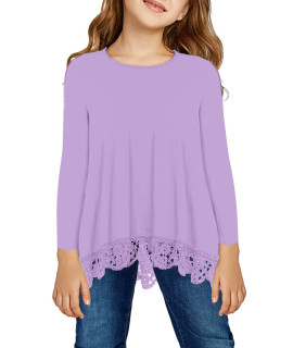 Storeofbaby Kids Shirts For Girls Casual Plain Tops Cute Loose Fit Lace Hem Tees A Purple