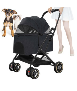 Dog Strollers for Small Dogs, Easy Fold Pet Stroller for Small Dogs 4 Wheels Puppy Stroller Dog Stroller with Multiple Mesh Windows, Removable Liner and Storage Basket Zipperless Dual Entry(Black)