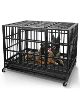WOKEEN 48 Inch Heavy Duty Dog Crate Cage Kennel with Wheels, High Anxiety Indestructible Dog Crate, Sturdy Locks Design, Double Door and Removable Tray Design, Extra Large XL XXL Dog Crate.