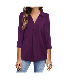 Womens Floral Print V Neck 35 Sleeve Shirts Business Casual Tunic Tops Loose Work Blouses Pure Purple