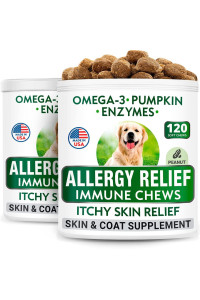 BARK&SPARK Allergy Relief Dog Treats - Omega 3 + Pumpkin + Enzymes - Itchy Skin Relief - Seasonal Allergies - Anti-Itch & Hot Spots - Immune Supplement - Made in USA - Peanut Butter Flavor Chews