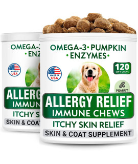 BARK&SPARK Allergy Relief Dog Treats - Omega 3 + Pumpkin + Enzymes - Itchy Skin Relief - Seasonal Allergies - Anti-Itch & Hot Spots - Immune Supplement - Made in USA - Peanut Butter Flavor Chews