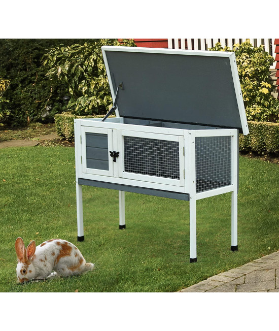 RAOKUKH 36''L Small Rabbit Bunny Hutch Pet House with No Leak Tray Lockable Door Openable Top for Indoor Outdoor,Grey
