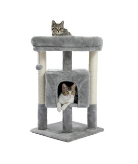 29 " Small Cat Tree for Indoor Cats Polyester Plush Cat Tower,Spacious Perch Scratching Sisal Posts Plush-Covered Posts for Kittens, Cats and Pets (Gray)