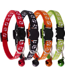 D-BUY Cat Collars, Cat Collars with Bell, Breakaway Cat Collar with Bell, Reflective Nylon Cat Collar with Paw Print (Black + Red + Green + Orange)