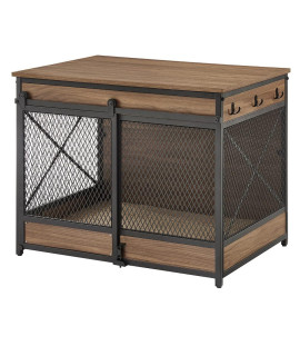 Unipaws Chew-Proof Dog Crate End Table With Cushion And Hooks Furniture Style Mesh Pet Kennels Dog House Indoor Use Weathered Grey