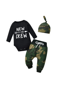 Kukitty Newborn Infant Baby Boy Clothes Long Sleeve New To The Crew Romper + Camouflage Pants + Hat 3Pcs Outfits Set (0-3 Months) Black