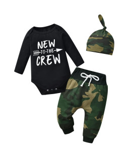 Kukitty Newborn Infant Baby Boy Clothes Long Sleeve New To The Crew Romper + Camouflage Pants + Hat 3Pcs Outfits Set (0-3 Months) Black