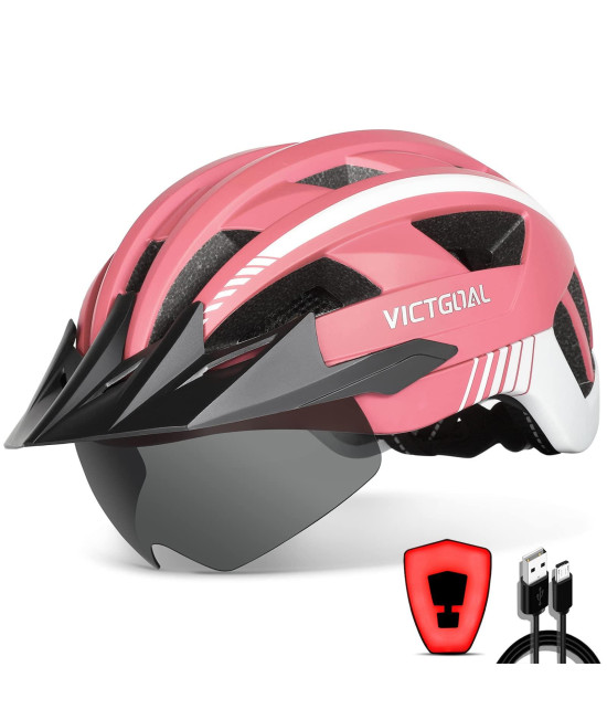 Victgoal Bike Helmet With Usb Rechargeable Rear Light Detachable Magnetic Goggles Removable Sun Visor Mountain Road Bicycle Helmets For Men Women Adult Cycling Helmets (M: 54-58 Cm, Pink)