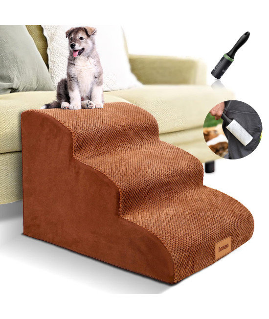 Lesnox Foam Dog Stairs/Steps, 3 Tiers Pet Ramp/Ladder, Non-Slip, for Bed Couch Sofa, for Small Dogs Cats with Old/ Injured/ Short-Legged, 15.7H, Brown