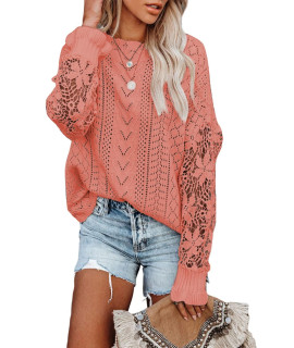 Dokotoo Womens Sweaters Fashion 2022 Casual Oversized Pullover Ladies Long Sleeve Lace Crochet Jumpers Cute Winter Fall Sweater Tops Light Pink Xs