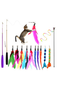 Atosun Cat Toys, 2Pcs Retractable Cat Feather Toys, 10Pcs Replacement Teaser Refill, 1Pc Rainbow Ribbon Wand Interactive Kitten Toys For Indoor Cat Make Exercise