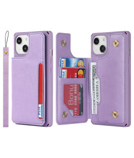 Cavor For Iphone 13 Wallet Case With Card Slots Holder,Premium Pu Leather Kickstand Feature Case Wrist Strap] Double Magnetic Clasp Shockproof Flip Cover Case -Purple