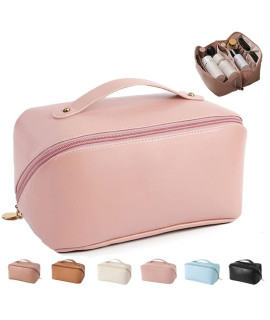 Mingri Large Capacity Travel Cosmetic Bag For Women,Makeup Bag Travelling Pu Leather Cosmetic Bag Waterproof,Multifunctional Storage Travel Toiletry Bag Skincare Bag Light Pink