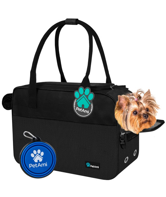 PetAmi Airline Approved Dog Purse Carrier | Soft-Sided Pet Carrier for Small Dog, Cat, Puppy, Kitten | Portable Stylish Pet Travel Handbag | Ventilated Breathable Mesh, Sherpa Bed (Black)