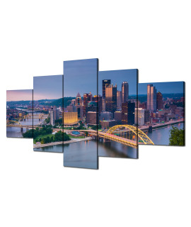Pittsburgh Wall Art Pennsylvania Skyline Wall Decor Night Panoramic Picture Canvas Print Cityscape Painting Poster Stretched Frame Home Living Room Bedroom Decoration 5 Panel(60X32 Inches)
