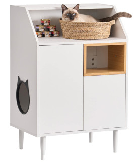 soges Cat Litter Box Enclosure, 24.8 Inch Wooden Cat House with Storage Cabinet and Drawer, Hidden Cat Furniture Cabinet, Living Room Storage Cabinet with Cat-Sized Hole