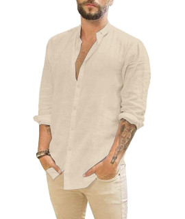 Mens Linen Button Down Shirts Long Sleeves Summer Beach Casual Regular Fit Shirt Tops Khaki