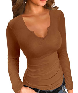Vichyie T Shirts For Women Fall Trendy Long Sleeves V Neck Slim Fitted Basic Casual Tops Solid Color Blouses Shirt Tee Brown M