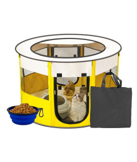 Krightlink Portable Pet Playpen For Small Dog And Cat, Foldable Puppy Dog Exercise Playpens, Indooroutdoor Use Shade Cover With Collapsible Travel Bowl For Dogcatrabbitpet (Small, Yellow)