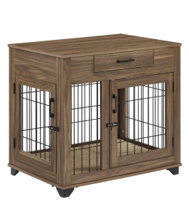 unipaws Medium Furniture Style Dog Crate with Drawer, Decorative Modern Pet Kennels with Double Doors, Dog House Indoor Use for Living Room, Double Dog Crate for 2 Dogs (Walnut)
