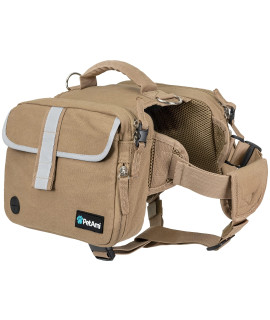 Petami Dog Backpack For Medium Large Dogs, Dog Saddle Bag For Dogs To Wear, Tactical Harness Saddlebag With Reflective Safety Side Pockets For Hiking, Camping, Vest Dog Pack For Travel (Tan, Large)