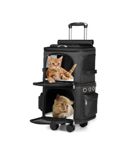 2-in-1 Dual Cabin Design Cat Carrier with Removable Wheels for Small Cats and Dogs, Adjustable Portable Cat Travel Carrier, Super Ventilated Design, Ideal for Traveling/Camping/Trip to The Vet (Black)