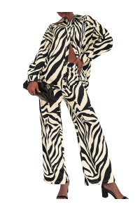 Floerns Womens 2 Piece Outfits Slit Hem Longline Blouse And Wide Leg Pants Set Zebra Striped Beige Xl