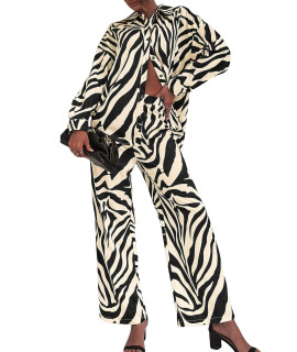 Floerns Womens 2 Piece Outfits Slit Hem Longline Blouse And Wide Leg Pants Set Zebra Striped Beige Xl
