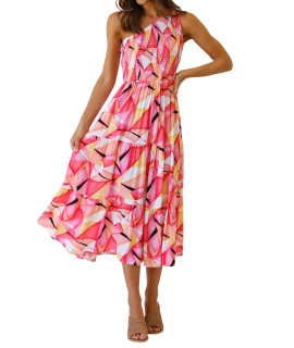 Zesica Womens 2023 Bohemian Summer Floral Print One Shoulder Sleeveless Smocked Ruffle Tiered Beach Long Midi Dress,Geometricpink,Medium