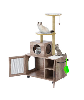Gurexl Modern Wood Cat Tree, Cat House Cage Large Cat Enclosure with Window, Wooden Kitty Playpen Air Circulation,Wooden Shelters for Summer and Winter