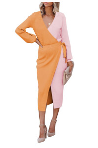Women Sweater Wrap Midi Dress Knit V Neck Long Sleeve Slit Bodycon Dress With Belt Orange Xl