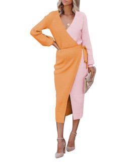 Women Sweater Wrap Midi Dress Knit V Neck Long Sleeve Slit Bodycon Dress With Belt Orange Xl