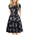 Knee Length Dress For Women Fall Vintage Floral A-Line Clothes Work Wedding Guest Flower Print Casual Party Dresses 162 Black White L
