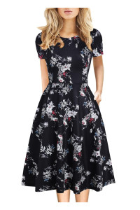 Knee Length Dress For Women Fall Vintage Floral A-Line Clothes Work Wedding Guest Flower Print Casual Party Dresses 162 Black White L