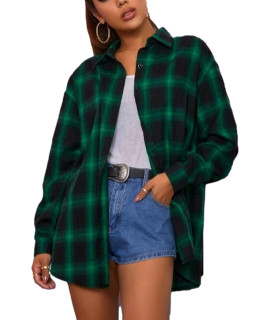 Zontroldy Plaid Flannel Shirts For Women Oversized Long Sleeve Button Down Buffalo Plaid Shirt Blouse Tops (0228-Blackgreen-S)