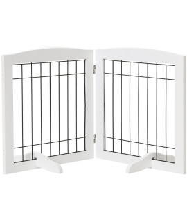 LZRS Oak Wood Pet Gate with Door Walk Through, freestanding Wire pet gate for Doorways, Foldable Stair Barrier pet Exercise for Most Furry Friends, Gate for Stairs, Support Feet Included?White