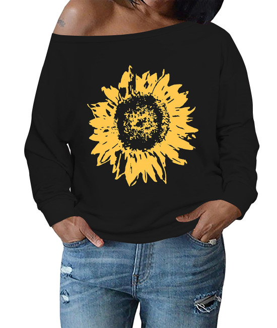 Am Clothes Womens Tops Plus Size Sweatshirts Sweaters Shirts Long Sleeve Oversized Off Shoulder T-Shirts Medium Sun Flower