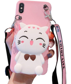 Sgvahy Wallet Case For Iphone 14 Pro Case With Lanyard Crossbody Zipper Cat Cute Cartoon Phone Case 3D Kawaii Iphone Case Soft Silicone Shockproof Cover Protective Case For Womens Girls (White)