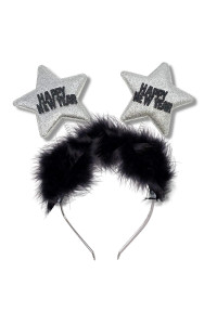 Happy New Year Headband With Star Boppers And Silver Tone Tinsel, 10 Inch (Silver Star - Happy New Year)