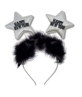 Happy New Year Headband With Star Boppers And Silver Tone Tinsel, 10 Inch (Silver Star - Happy New Year)