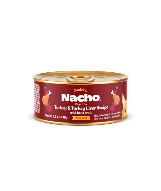 Made by Nacho Premium Minced Wet Cat Food with Hydrating Bone Broth 5.5oz (24 Packs) (Cage-Free Turkey & Turkey Liver)