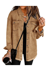 Vetinee Womens Jacket Women Oversized Boyfriend Almond Brown Front Button Up Frayed Raw Hem Long Sleeve Pockets Denim Jean Jacket Shacket X-Large Size 16 Size 18